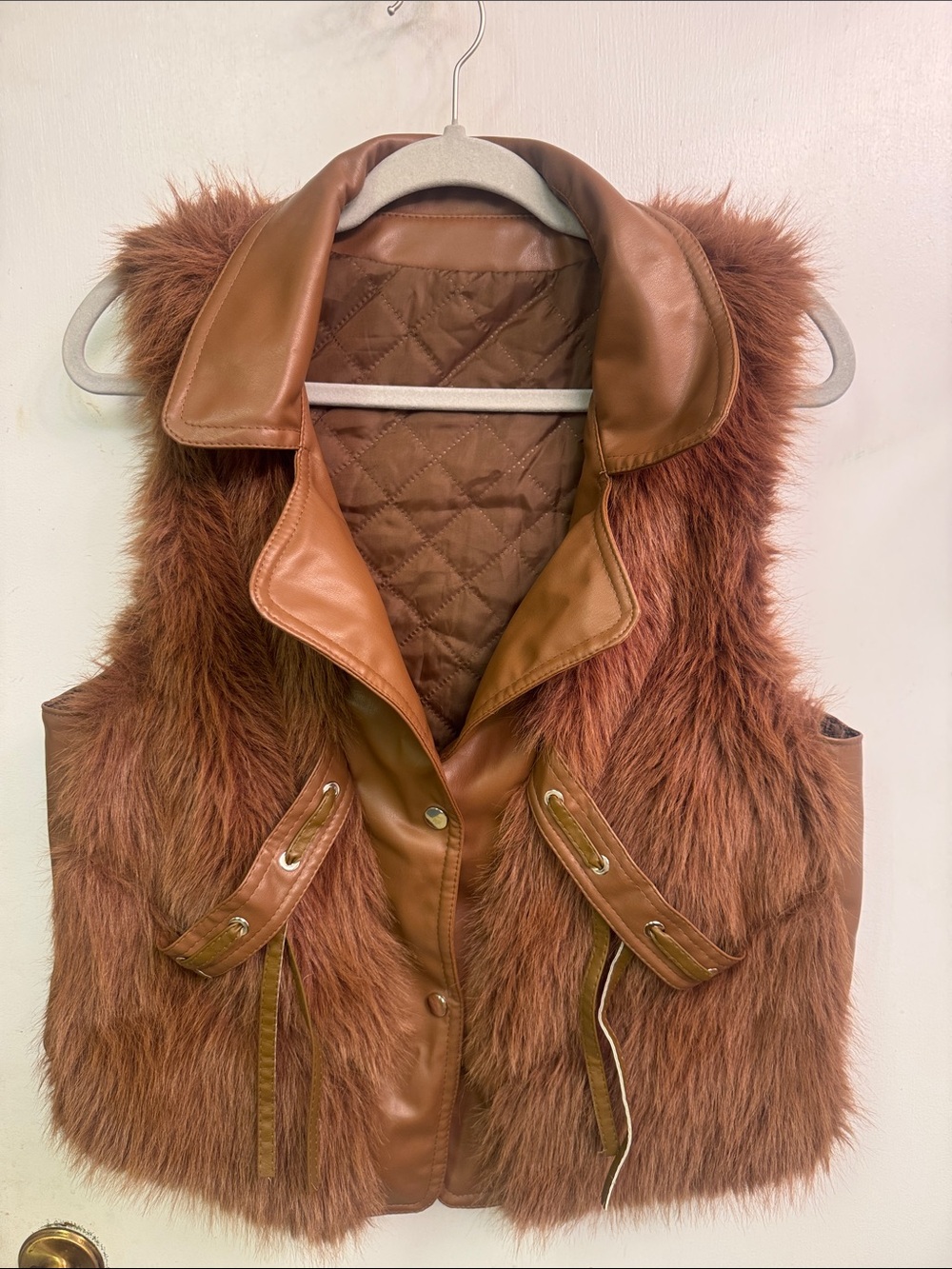 Women's Faux Fur Vest with Leather Trim - Rust Brown